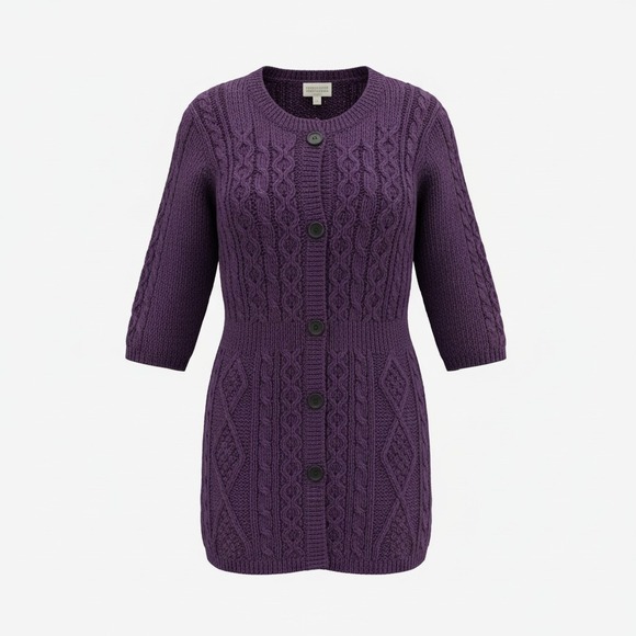 Kilronan Knitwear Sweaters - Kilronan Knitwear Women Cardigan‎ S Purple Merino Wool Irish Aran Cable Knit